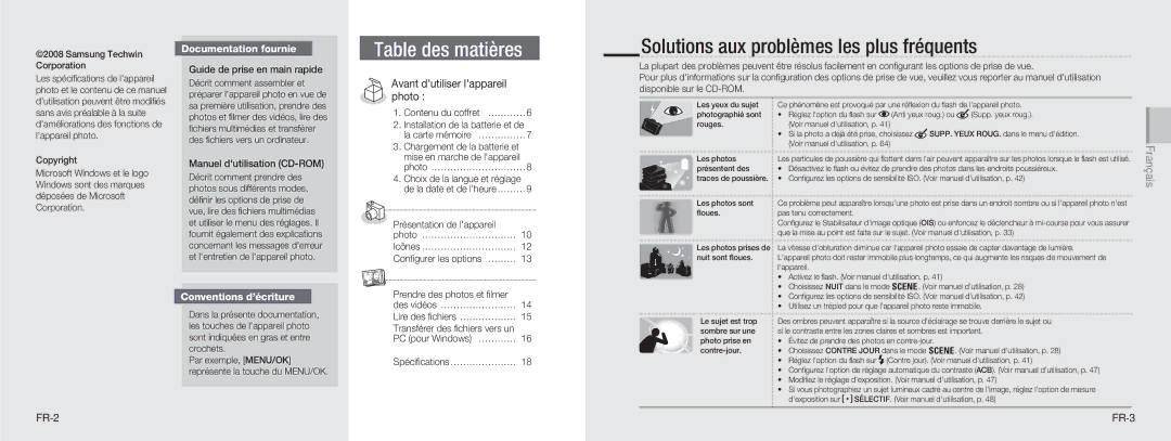 Samsung NV9 quick start manual Solutions aux problèmes les plus fréquents, Documentation fournie, Conventions d’écriture 