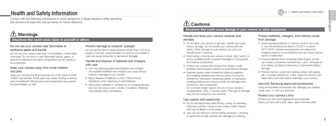 Samsung NV9 quick start manual Health and Safety Information, Situations that could cause injury to yourself or others 