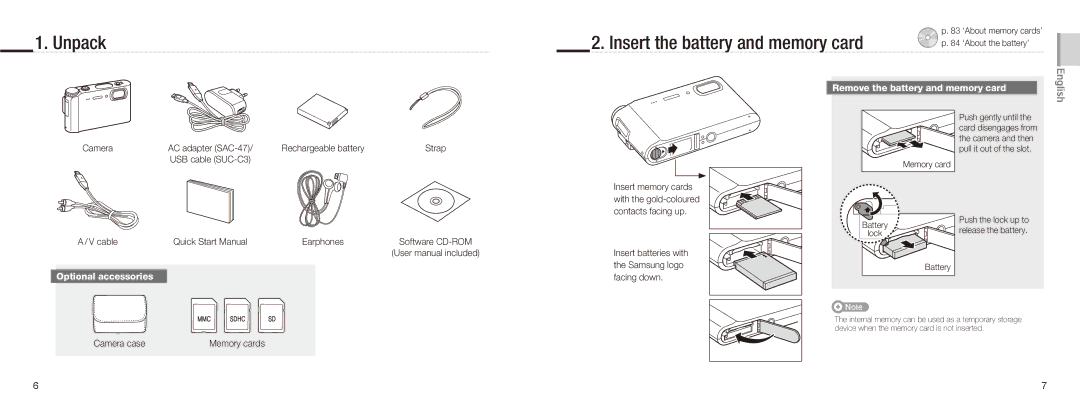 Samsung NV9 Unpack Insert the battery and memory card, Remove the battery and memory card, Optional accessories 