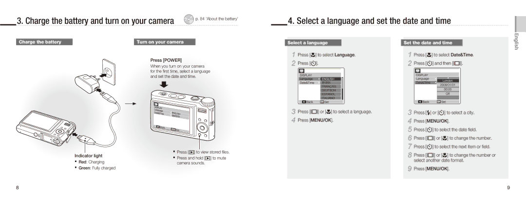 Samsung NV9 quick start manual Select a language and set the date and time, Charge the battery, Set the date and time 