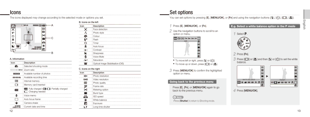 Samsung NV9 Icons, Set options, Select a white balance option in the P mode, Going back to the previous menu 