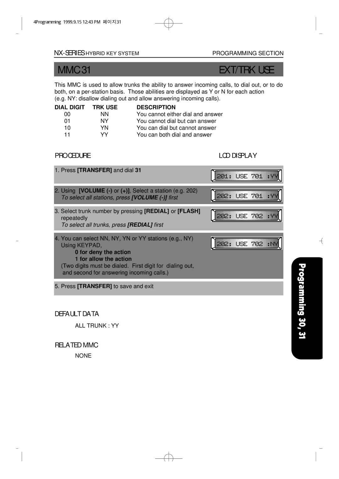 Samsung NX-308 technical manual Ext/Trk Use, Dial Digit TRK USE Description 