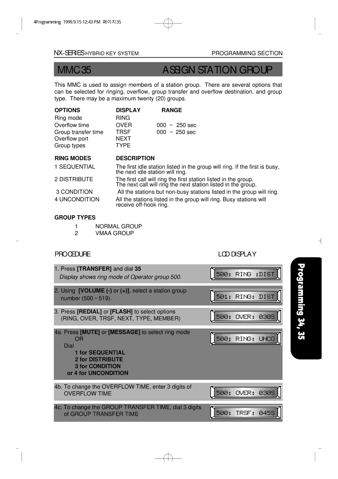 Samsung NX-308 technical manual Assign Station Group, Options Display Range, Ring Modes Description, Group Types 