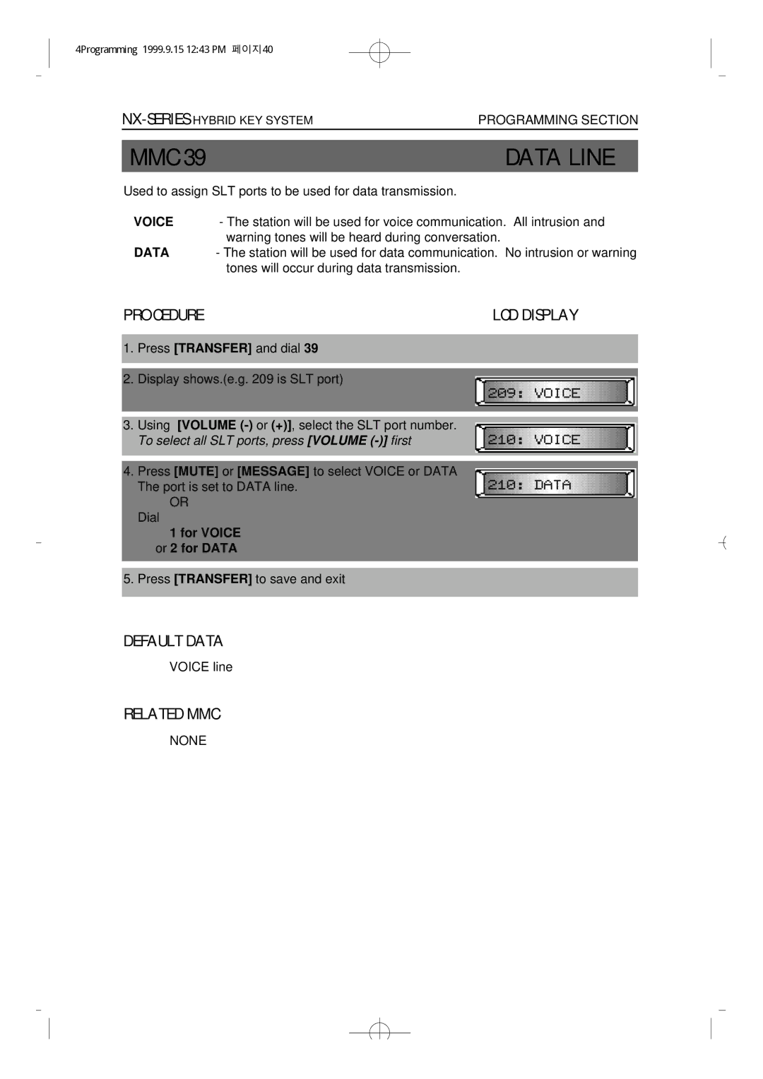 Samsung NX-308 technical manual Data Line, Used to assign SLT ports to be used for data transmission 