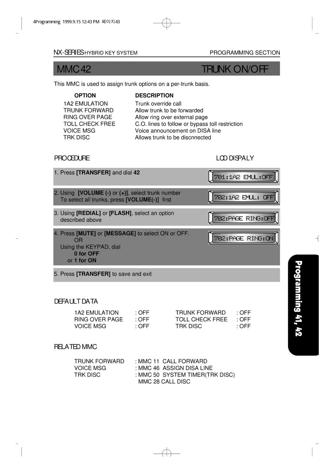 Samsung NX-308 technical manual Trunk ON/OFF, Procedure LCD Dispaly, Option Description 