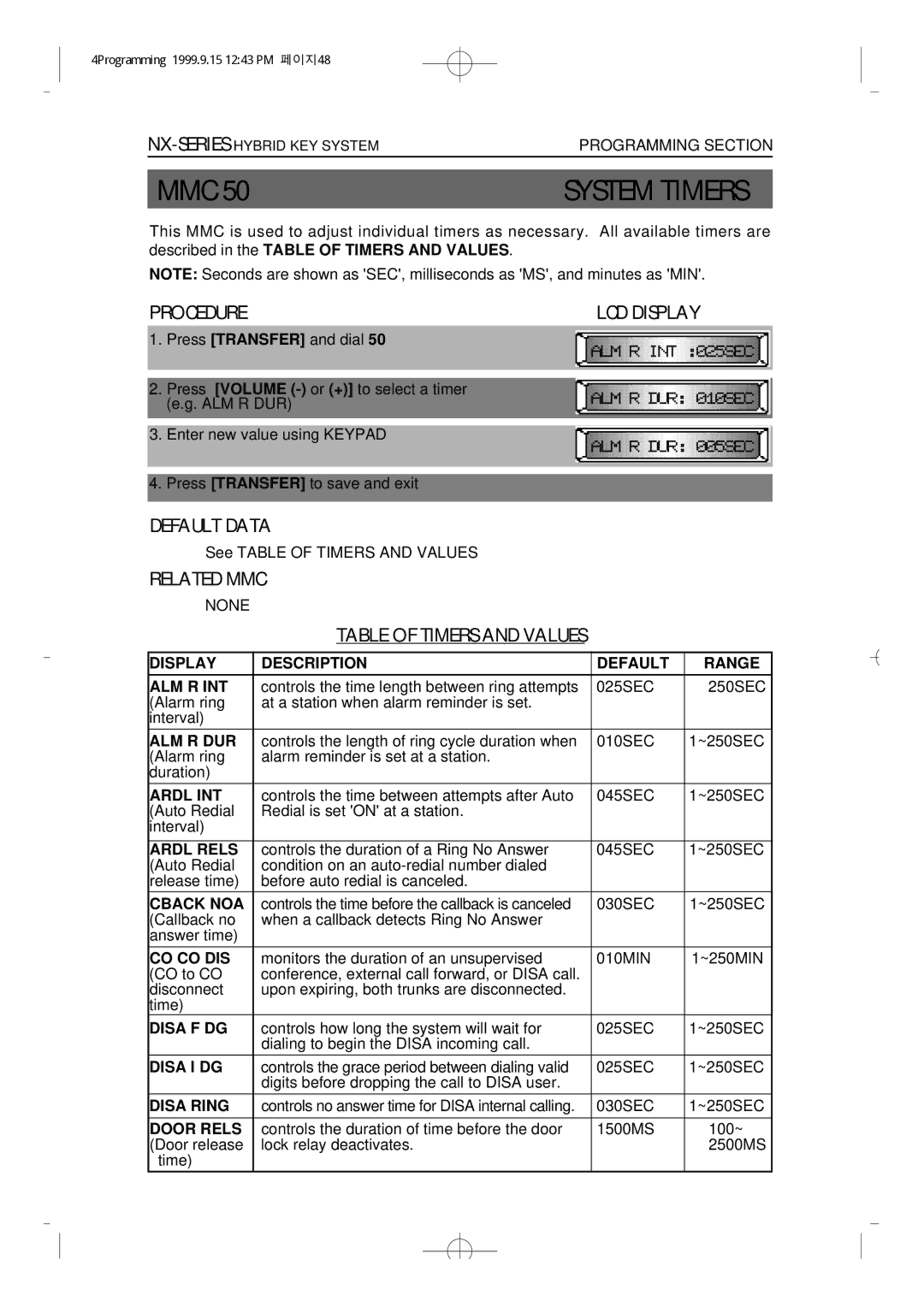 Samsung NX-308 technical manual MMC 50SYSTEM Timers, Table of Timers and Values 