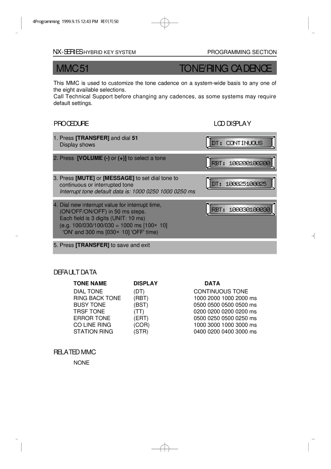 Samsung NX-308 technical manual TONE/RING Cadence, Tone Name Display Data 