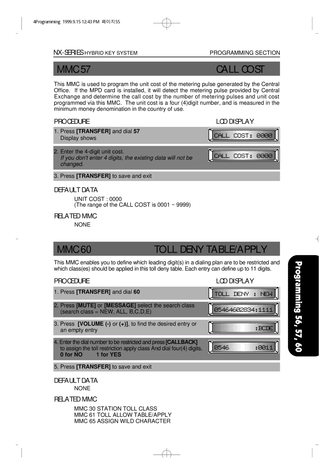 Samsung NX-308 technical manual Call Cost, Toll Deny TABLE/APPLY 