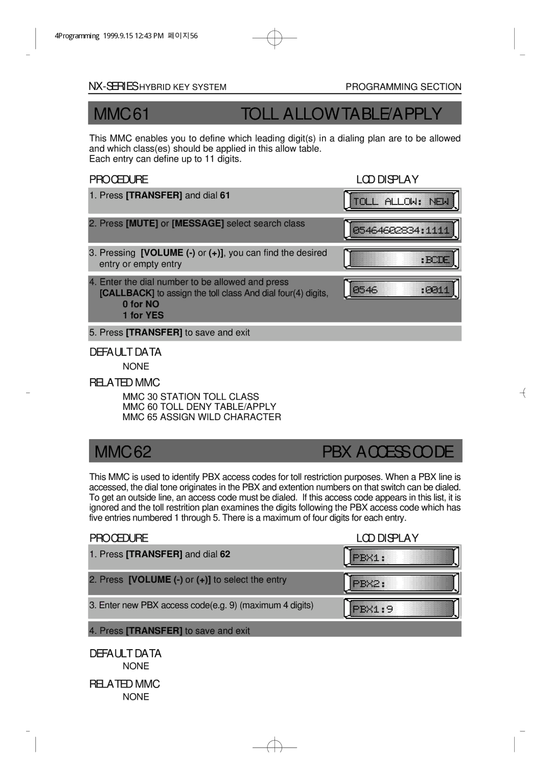 Samsung NX-308 technical manual Toll Allow TABLE/APPLY, PBX Access Code 