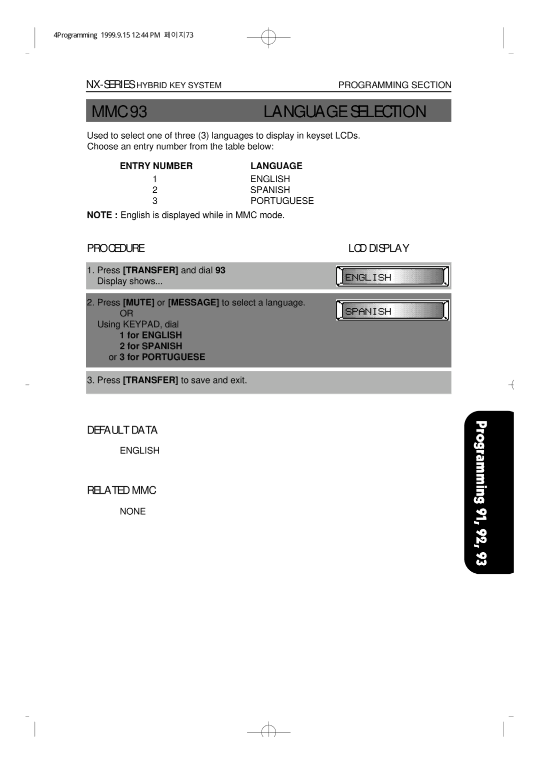 Samsung NX-308 technical manual MMC 93LANGUAGE Selection, Entry Number Language 