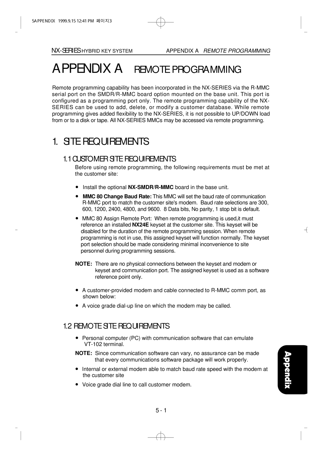 Samsung NX-308 technical manual Appendix a Remote Programming, Customer Site Requirements, Remote Site Requirements 