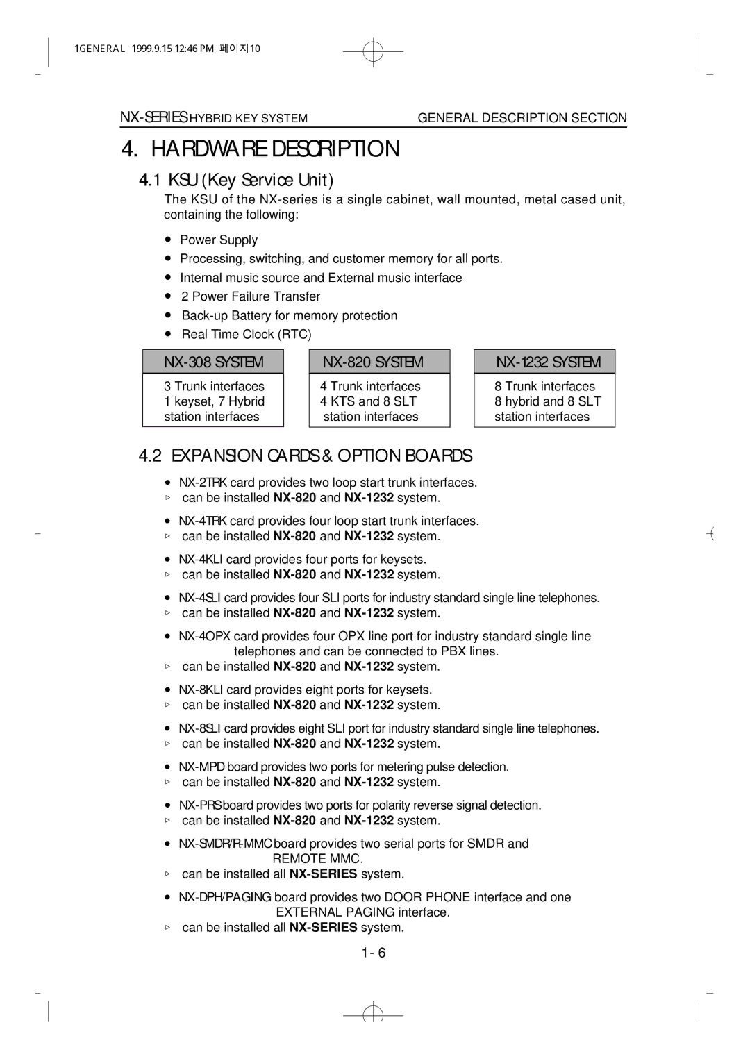 Samsung NX-308 technical manual Hardware Description, KSU Key Service Unit, Expansion Cards & Option Boards 