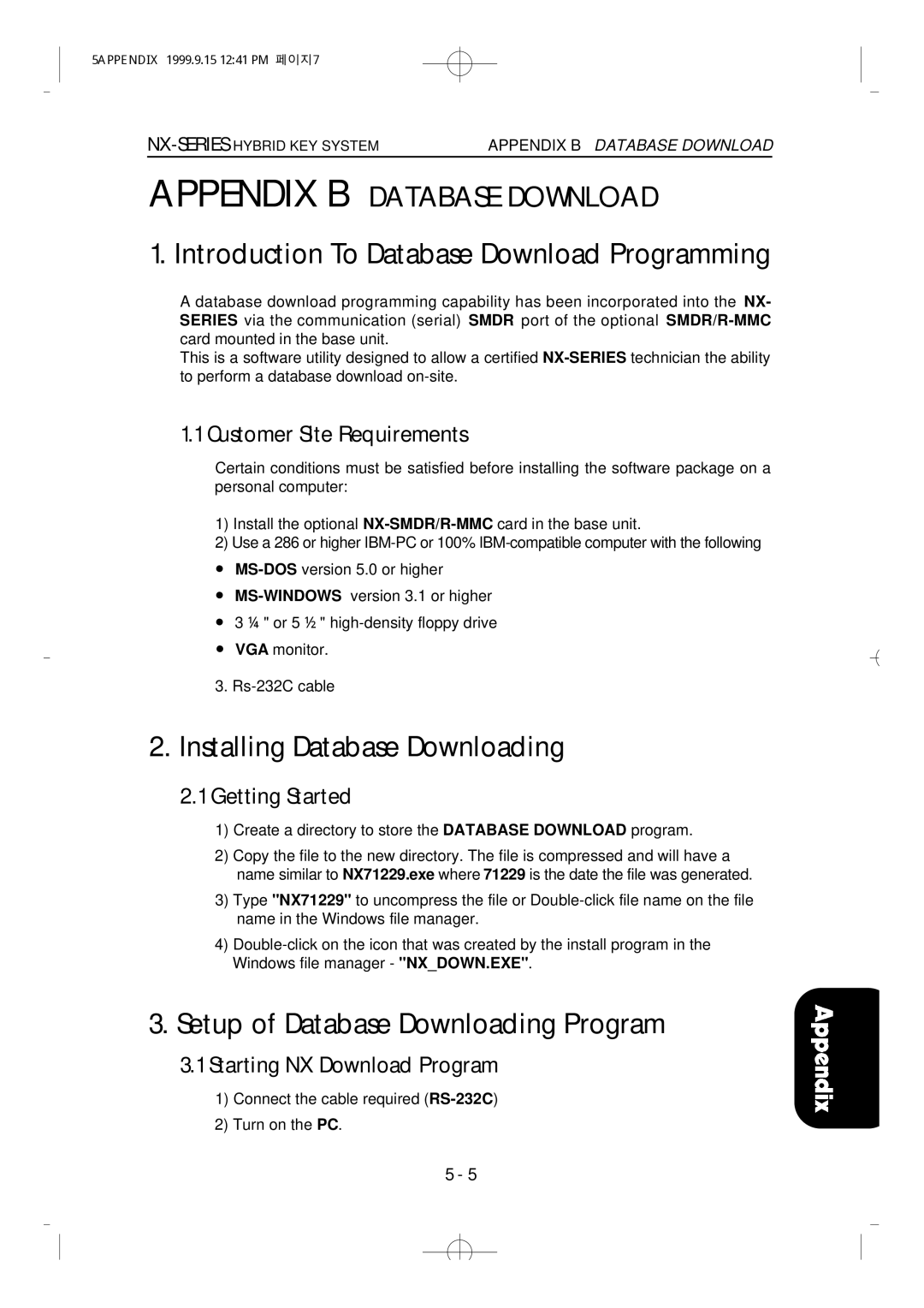 Samsung NX-308 Appendix B Database Download, Customer Site Requirements, Getting Started, Starting NX Download Program 