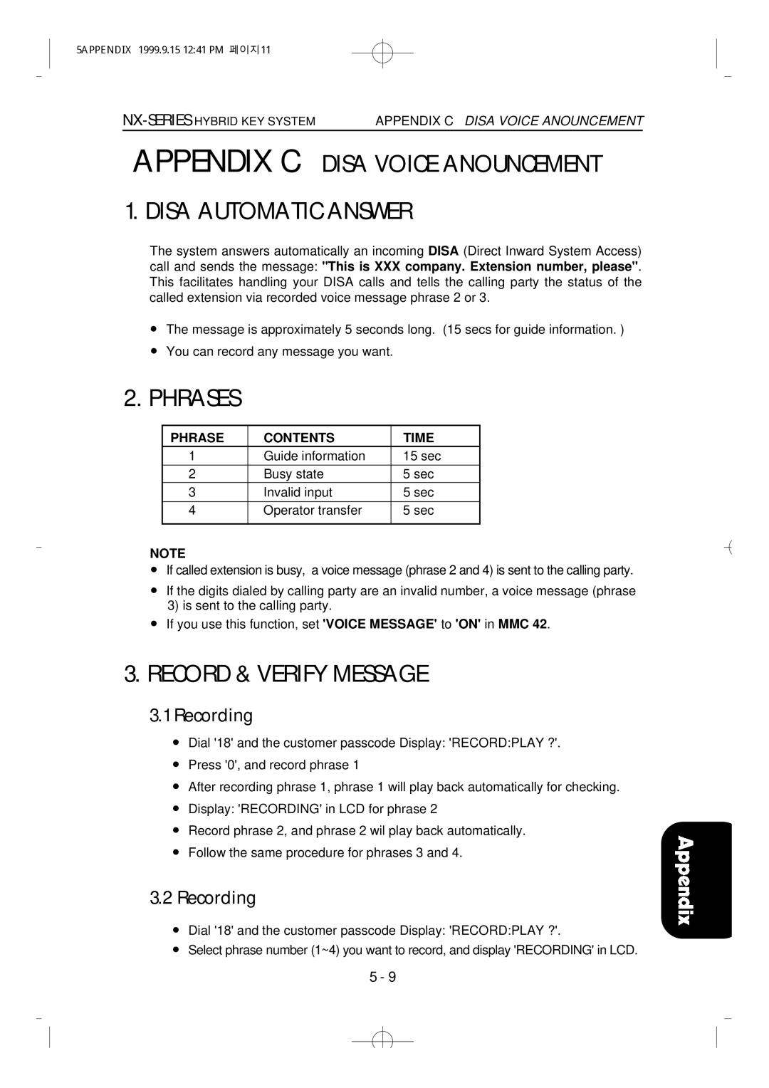 Samsung NX-308 Phrases, Record & Verify Message, Appendix C Disa Voice Anouncement 1. Disa Automatic Answer, Recording 