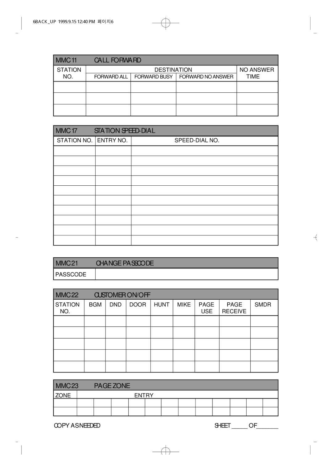 Samsung NX-308 technical manual Call Forward, MMC 17 Station SPEED-DIAL, MMC 21 Change Passcode, Customer ON/OFF, Zone 