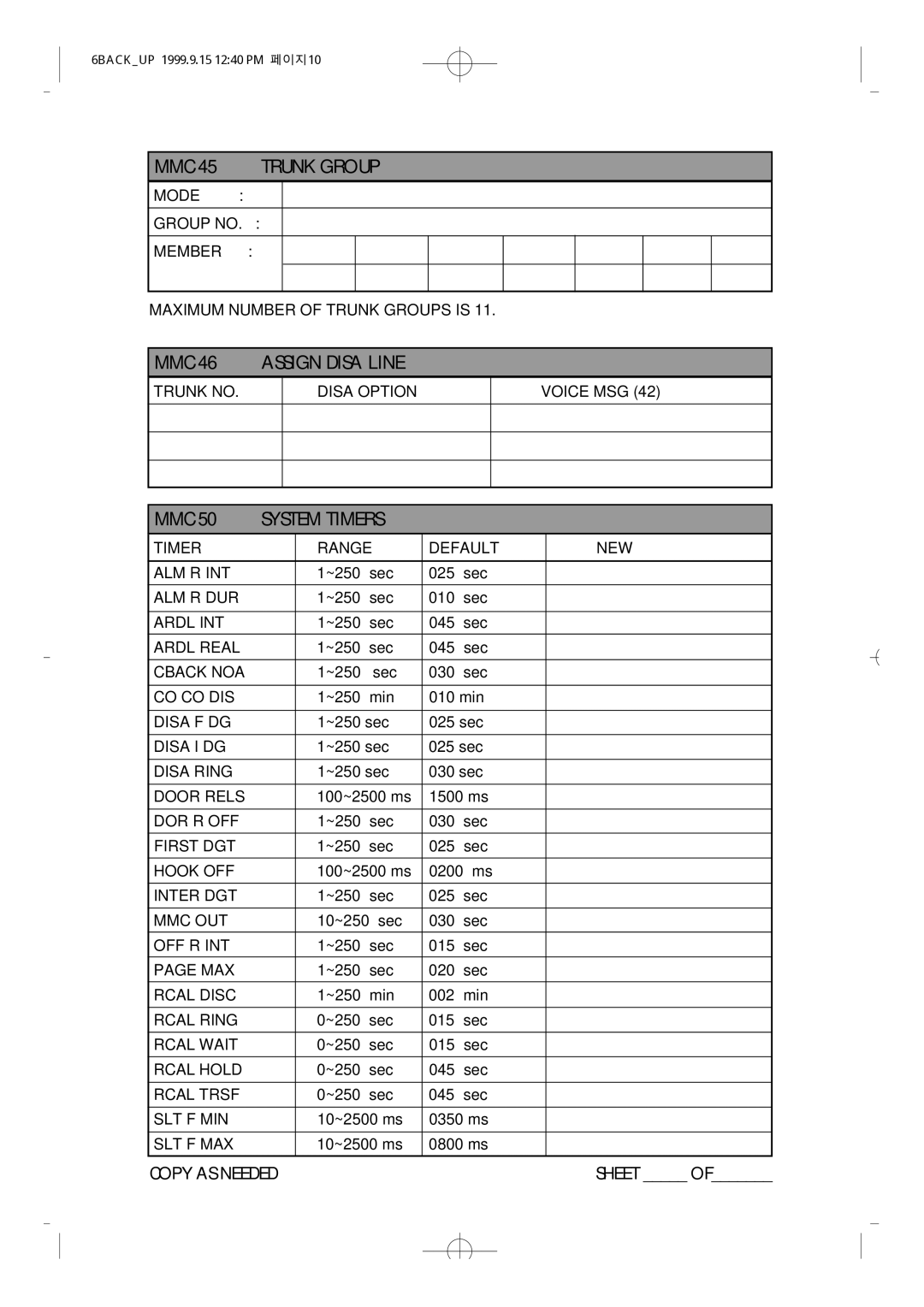 Samsung NX-308 technical manual MMC 45 Trunk Group, MMC 46 Assign Disa Line, System Timers 