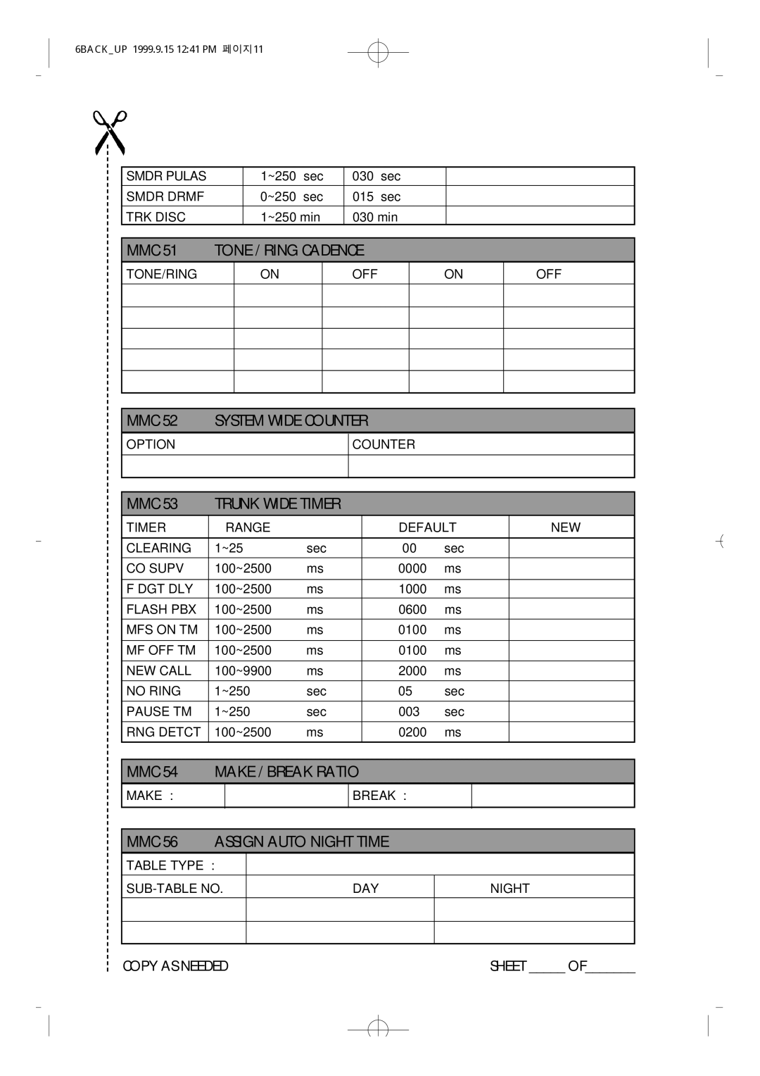 Samsung NX-308 technical manual Tone / Ring Cadence, Trunk Wide Timer, Make / Break Ratio 