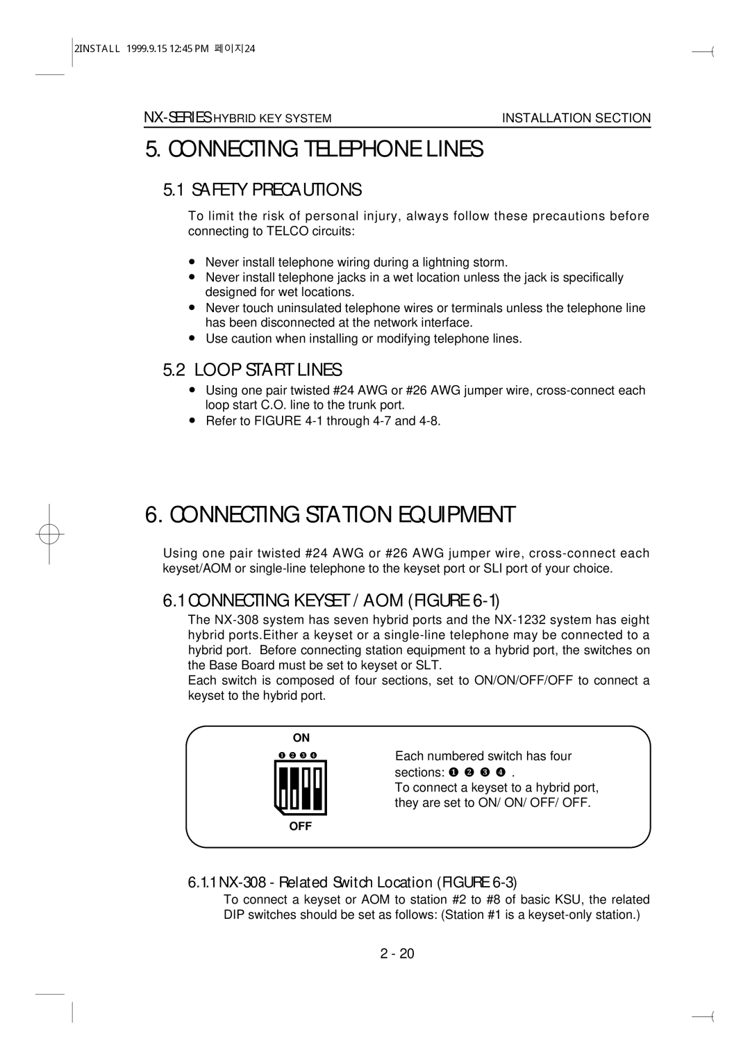 Samsung NX-308 Connecting Telephone Lines, Connecting Station Equipment, Safety Precautions, Loop Start Lines 