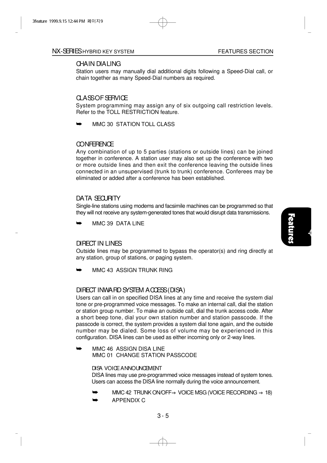 Samsung NX-308 technical manual Chain Dialing, Class of Service, Conference, Data Security, Direct in Lines 