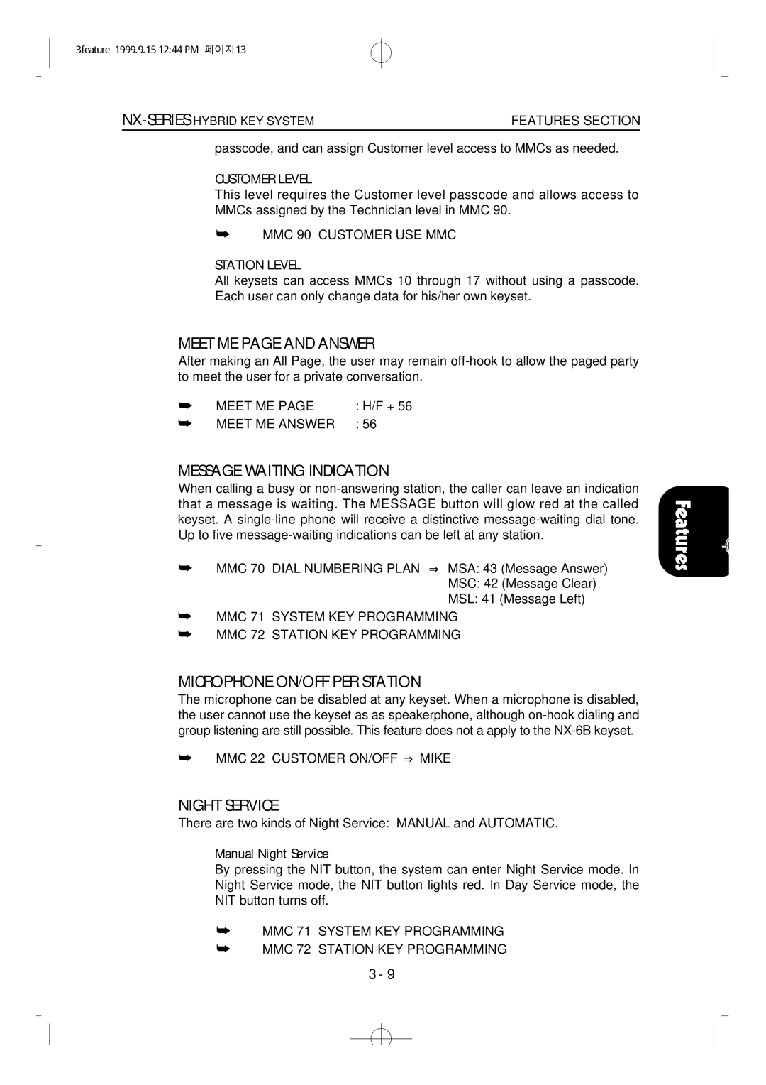 Samsung NX-308 Meet ME page and Answer, Message Waiting Indication, Microphone ON/OFF PER Station, Night Service 