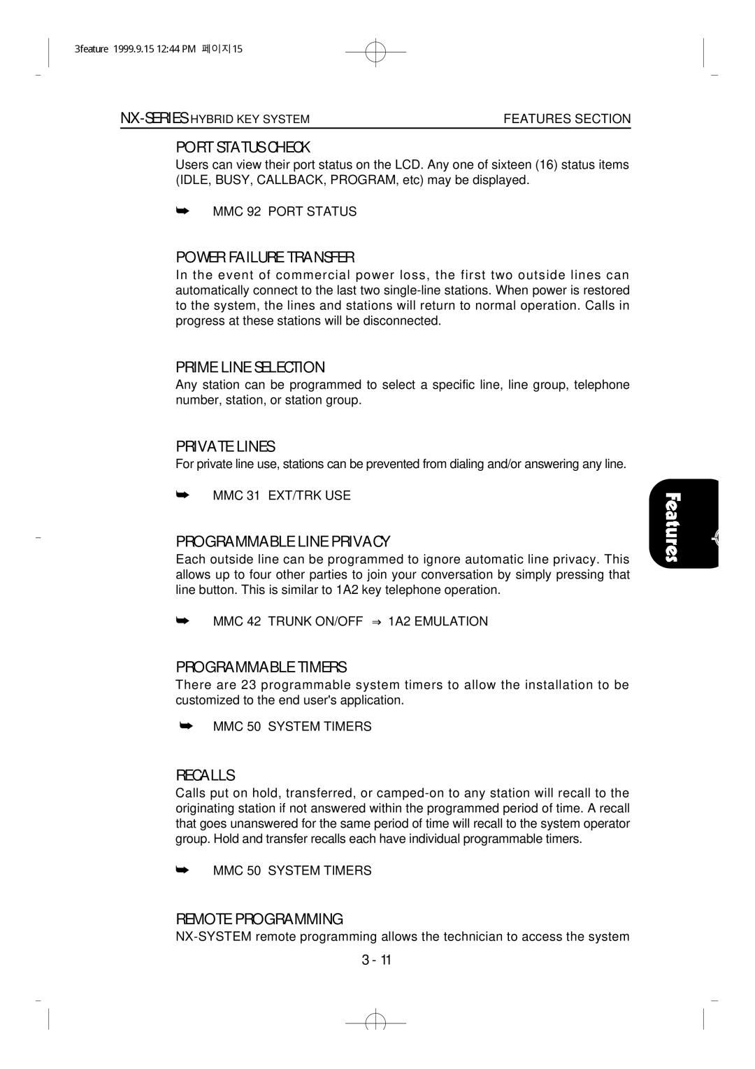 Samsung NX-308 Port Status Check, Power Failure Transfer, Prime Line Selection, Private Lines, Programmable Line Privacy 