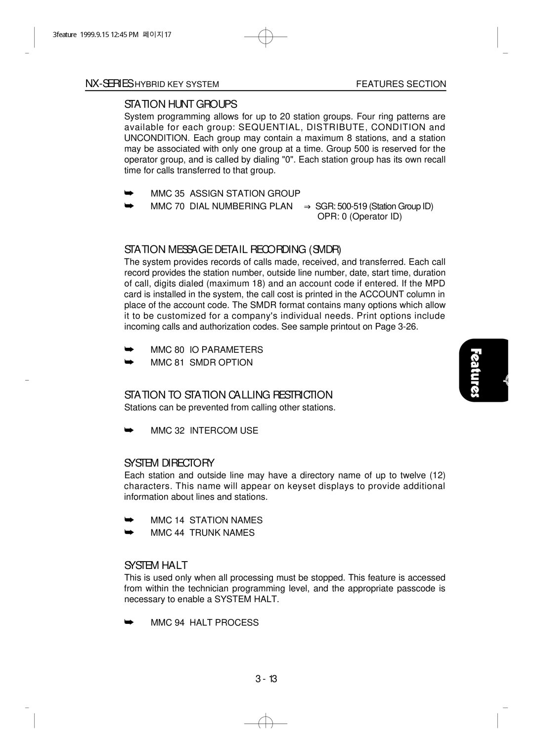 Samsung NX-308 Station Hunt Groups, Station Message Detail Recording Smdr, Station to Station Calling Restriction 