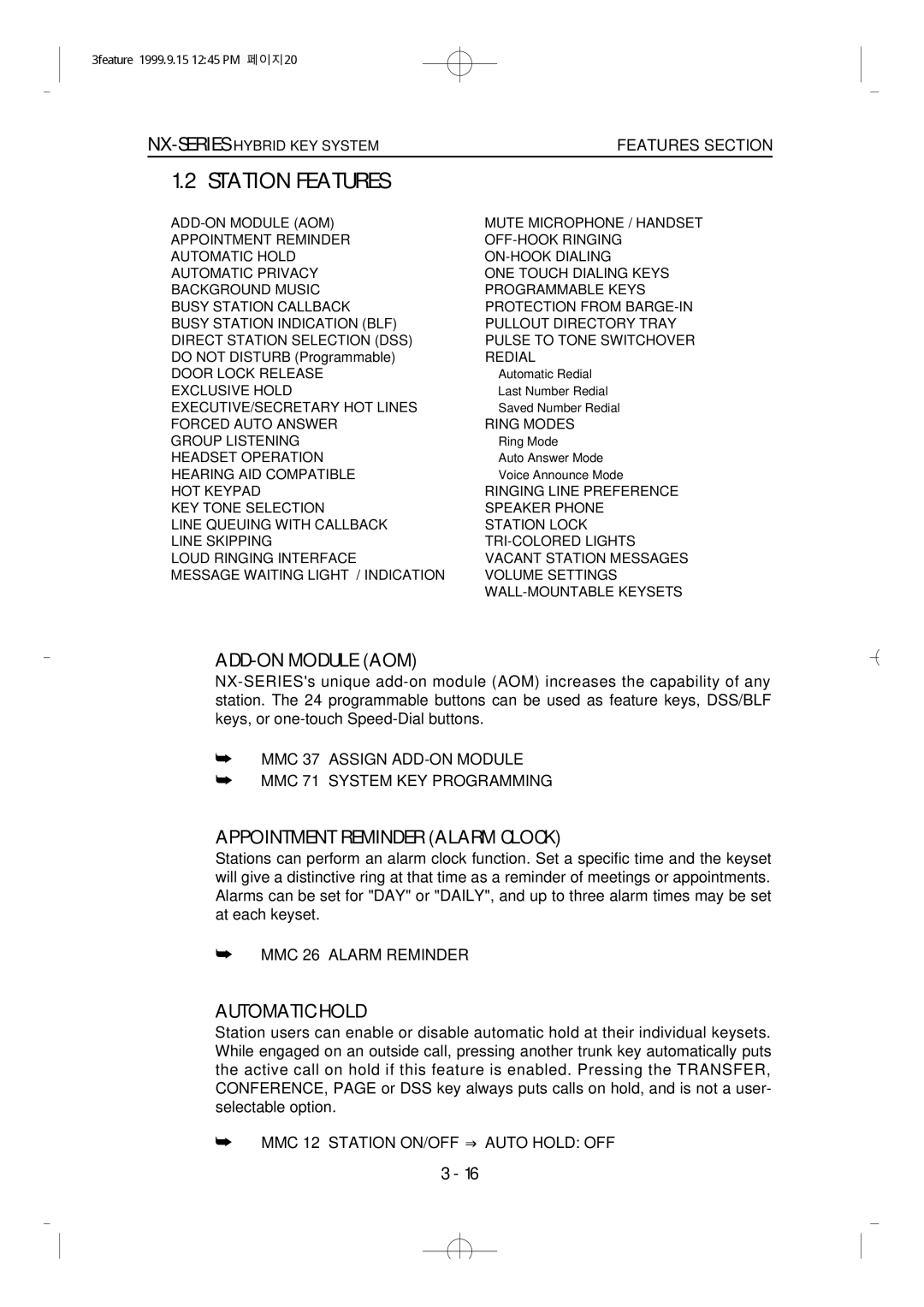 Samsung NX-308 technical manual Station Features, ADD-ON Module AOM, Appointment Reminder Alarm Clock 