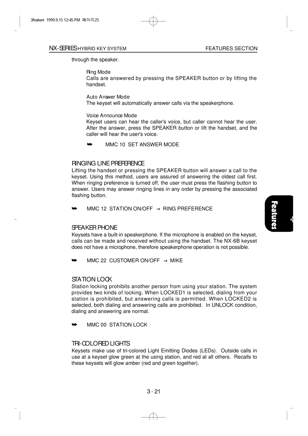 Samsung NX-308 technical manual Ringing Line Preference, Speaker Phone, Station Lock, TRI-COLORED Lights 