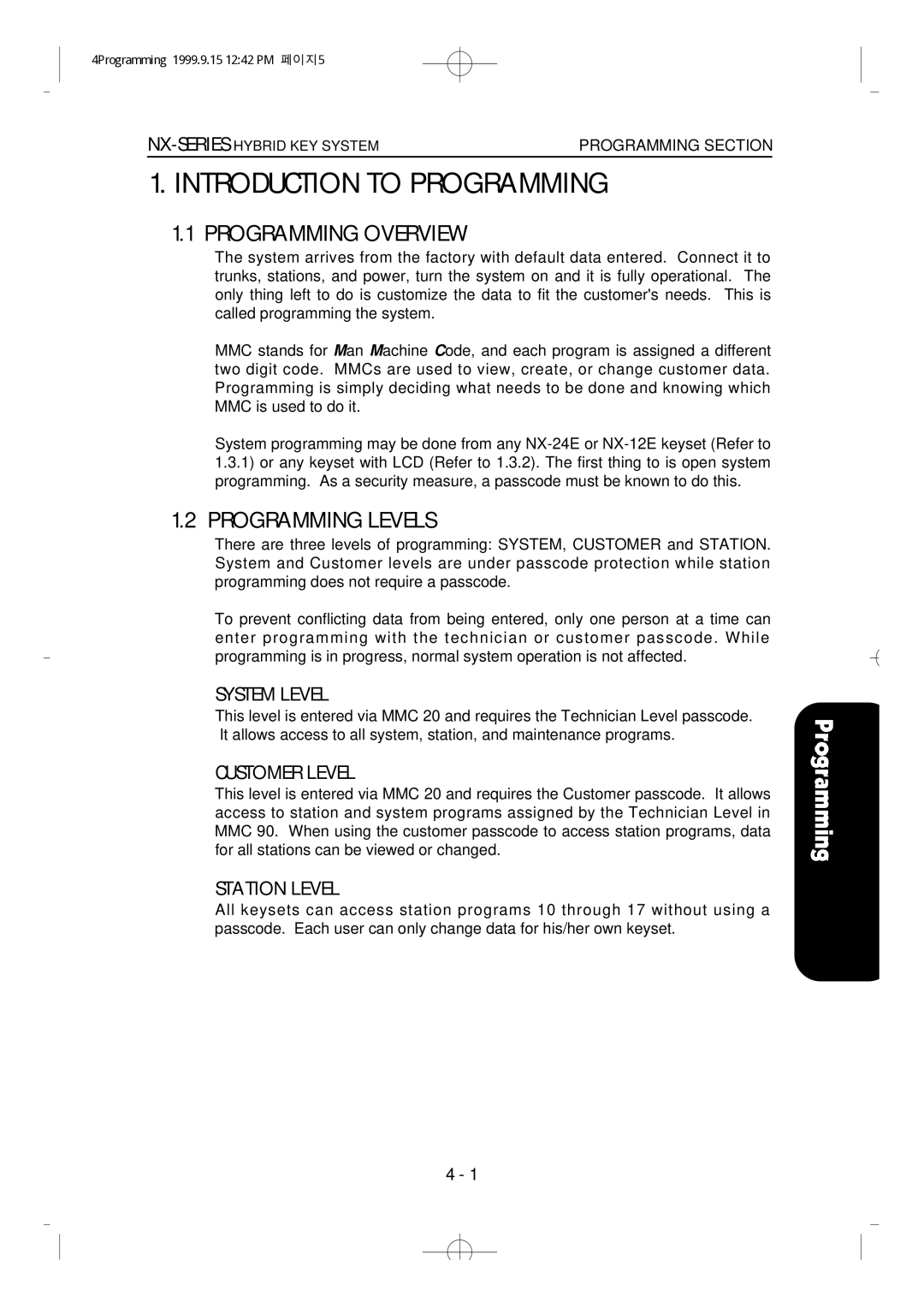 Samsung NX-308 technical manual Introduction to Programming, Programming Overview, Programming Levels 