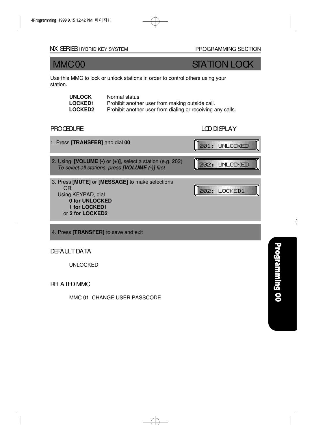 Samsung NX-308 technical manual Station Lock, Procedure LCD Display, Default Data, Related MMC 