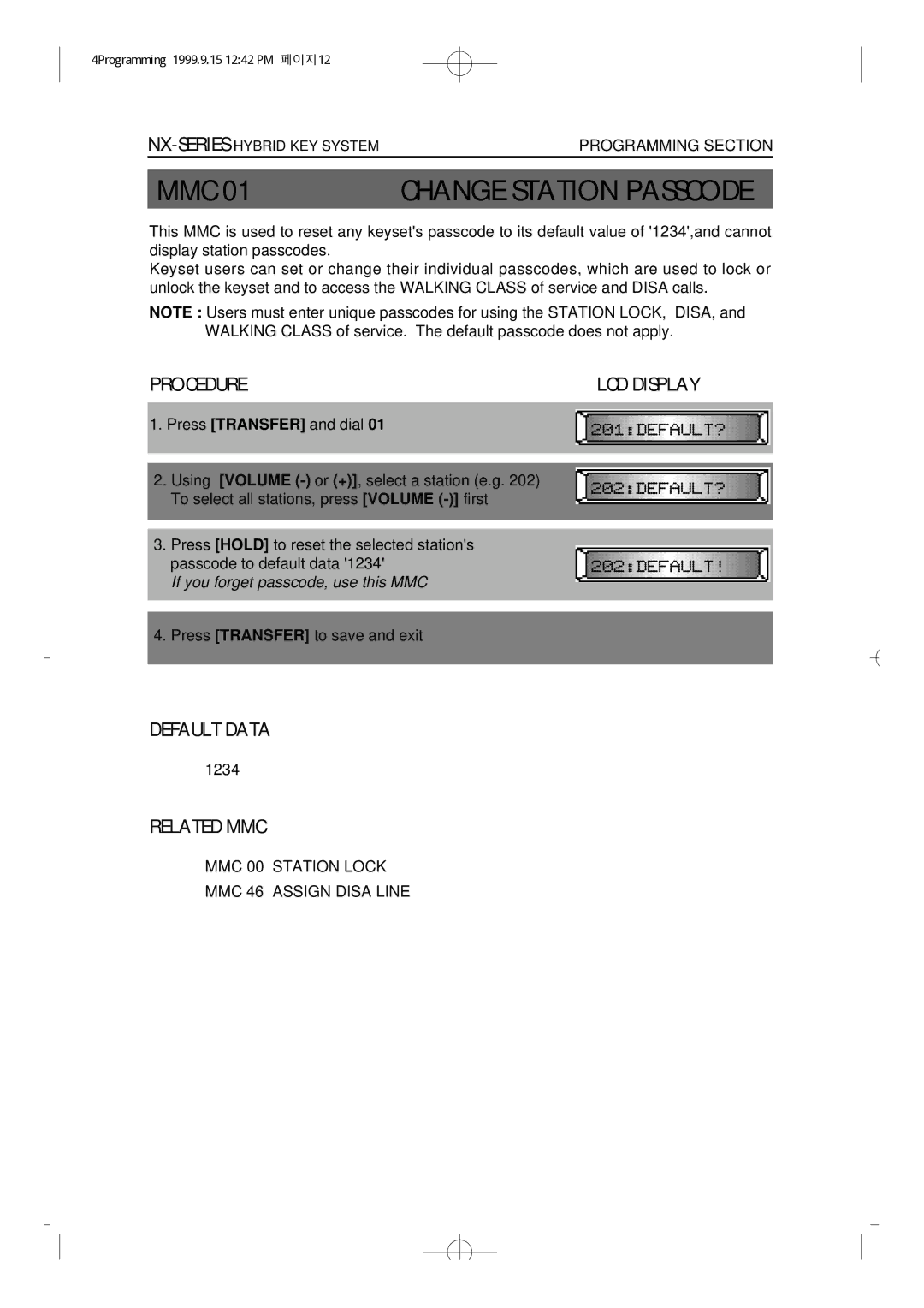 Samsung NX-308 technical manual Change Station Passcode, Procedure 