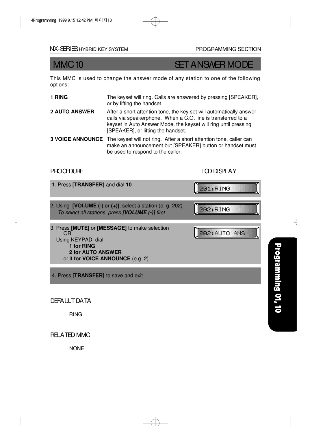 Samsung NX-308 technical manual MMC 10SET Answer Mode, Ring, Auto Answer 