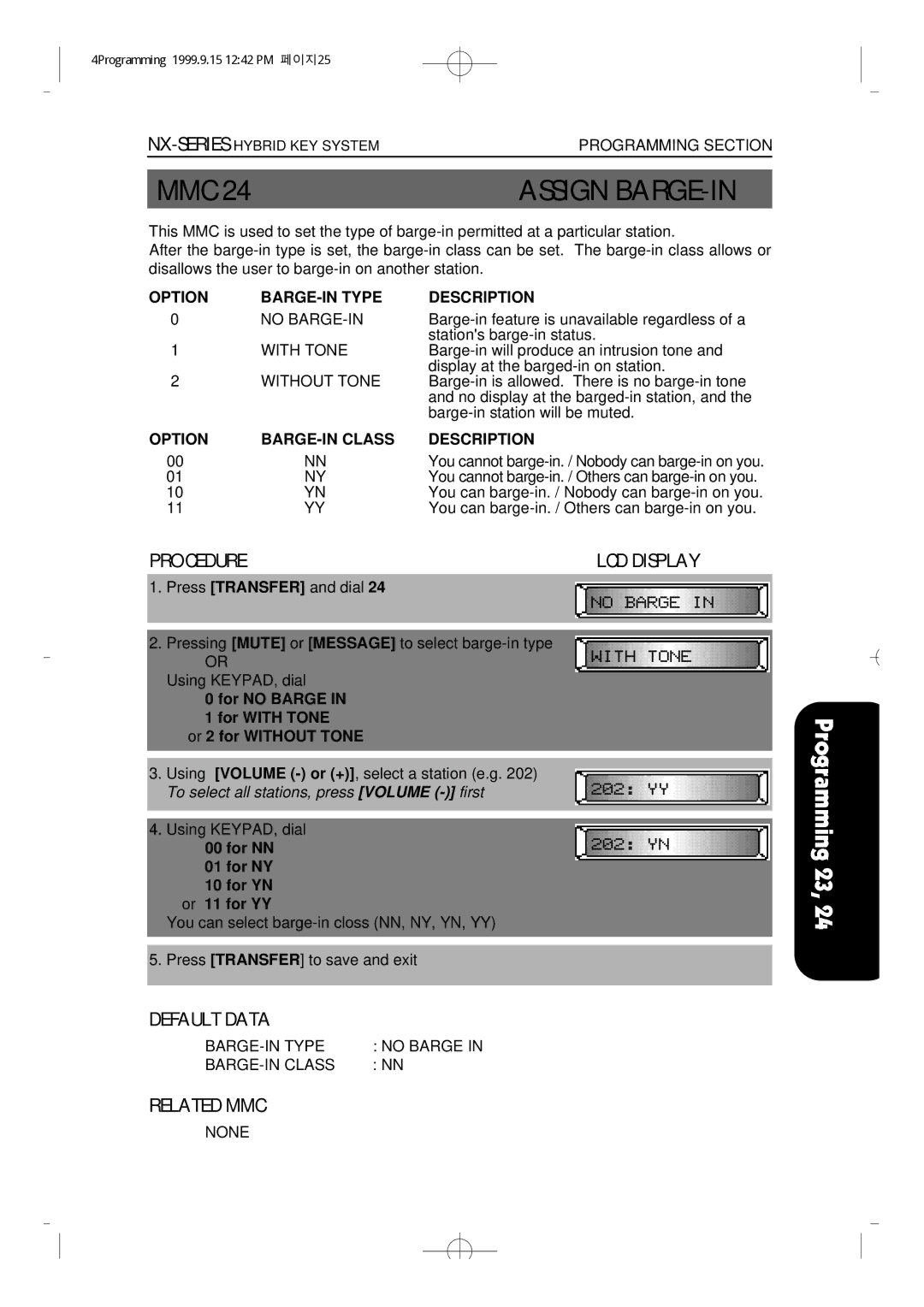 Samsung NX-308 technical manual Assign BARGE-IN, Option BARGE-IN Type Description, Option BARGE-IN Class Description 