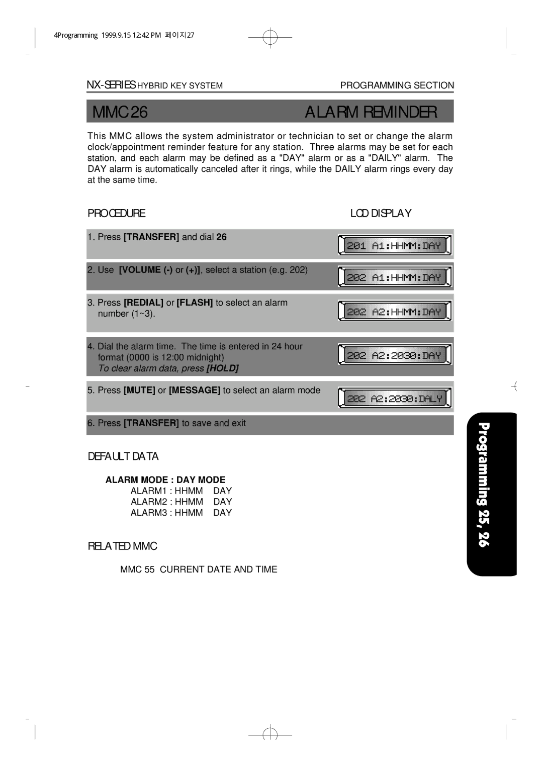 Samsung NX-308 technical manual Alarm Reminder, Alarm Mode DAY Mode 