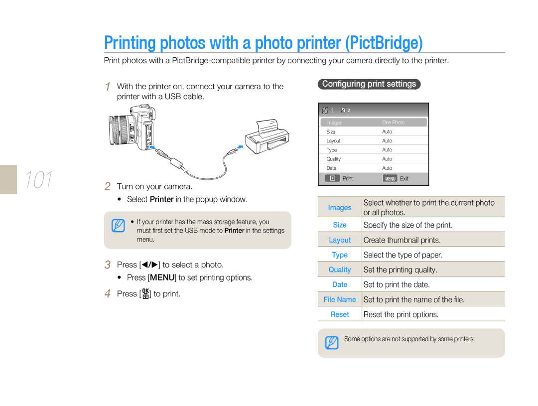 Samsung NX 10, NX-series user manual Printing photos with a photo printer PictBridge, 101, Conﬁguring print settings 