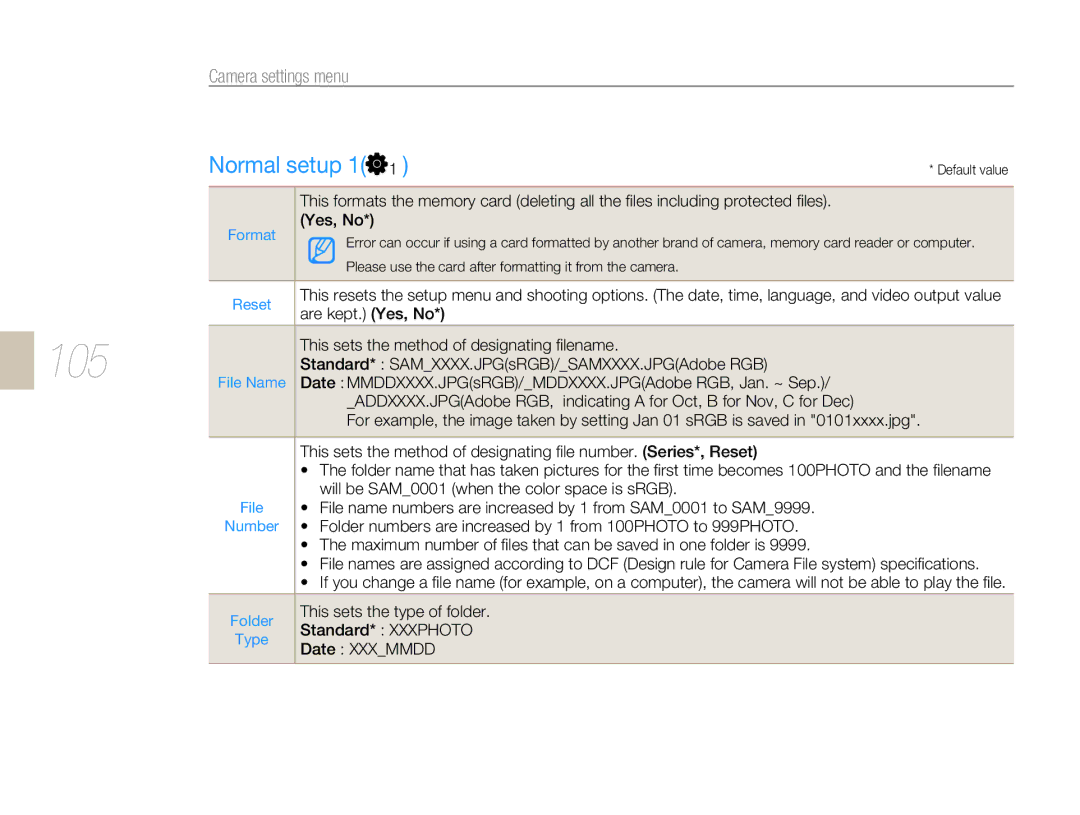 Samsung NX 10, NX-series user manual 105, Normal setup 1 