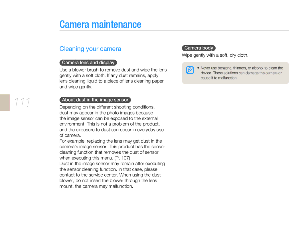 Samsung NX 10, NX-series user manual Camera maintenance, 111, Cleaning your camera, Camera body, Camera lens and display 