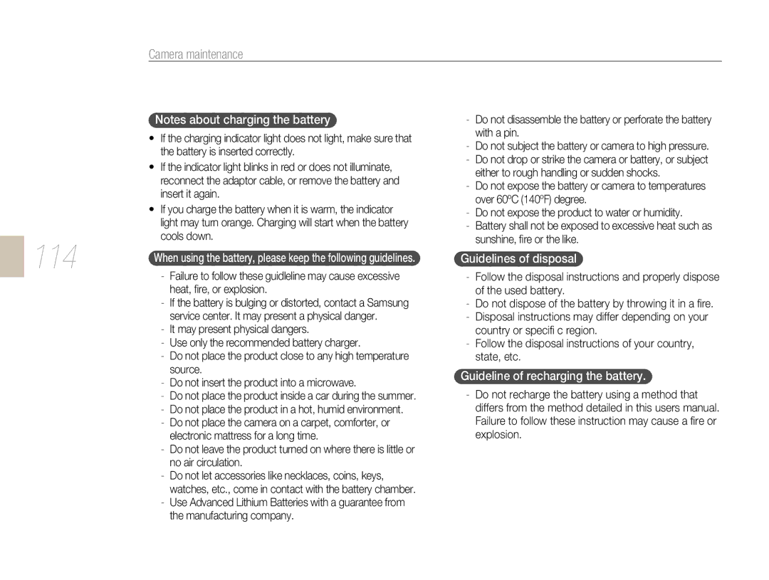 Samsung NX-series, NX 10 user manual 114, Guideline of recharging the battery 