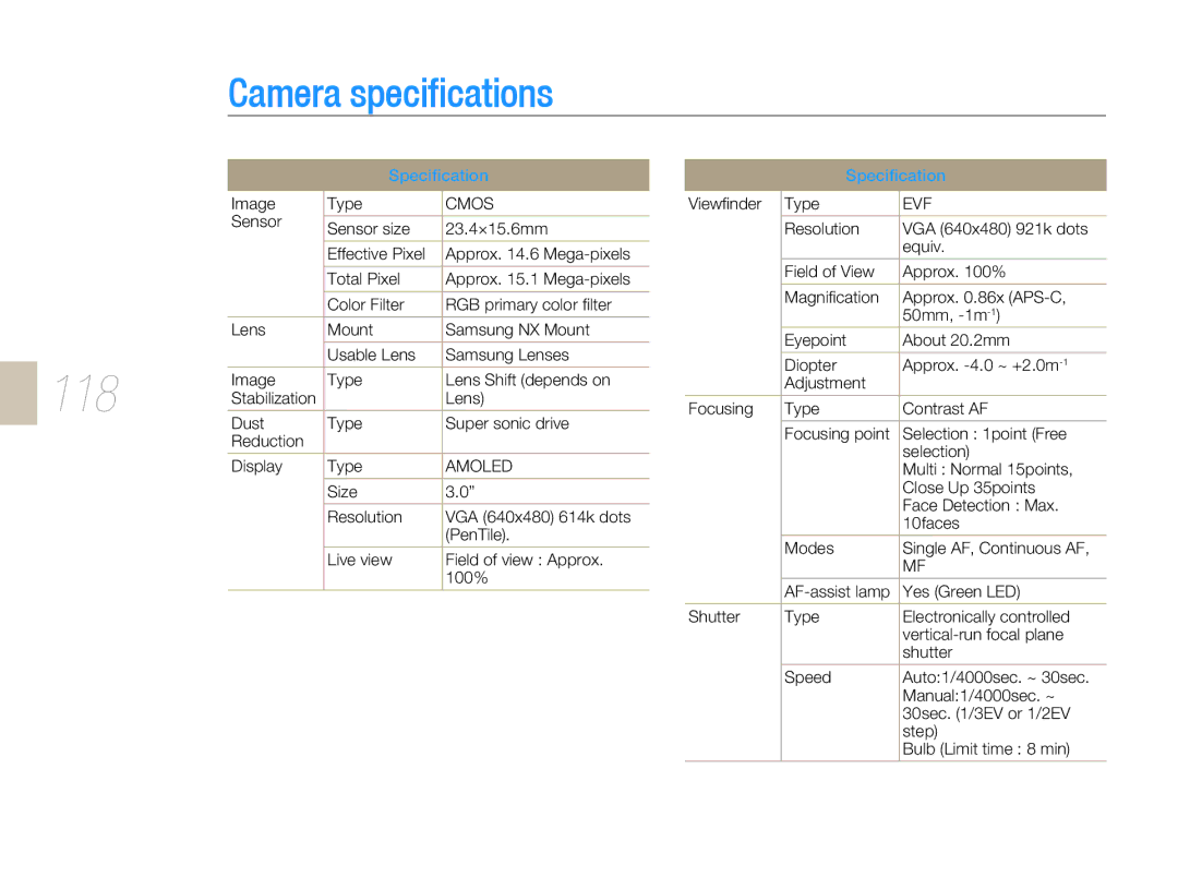 Samsung NX-series, NX 10 user manual Camera specifications, 118, Speciﬁcation 