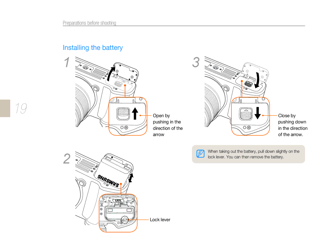 Samsung NX 10, NX-series user manual Installing the battery, Preparations before shooting 