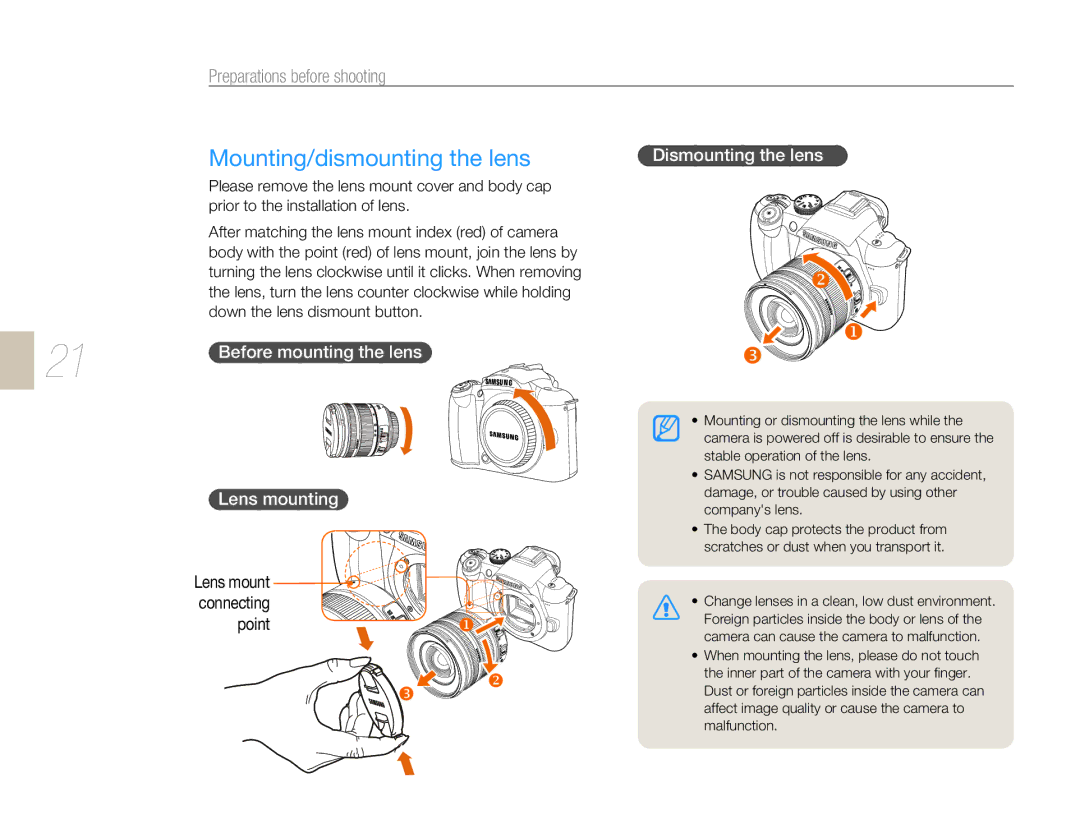 Samsung NX 10, NX-series Mounting/dismounting the lens, Dismounting the lens, Lens mounting, Before mounting the lens 