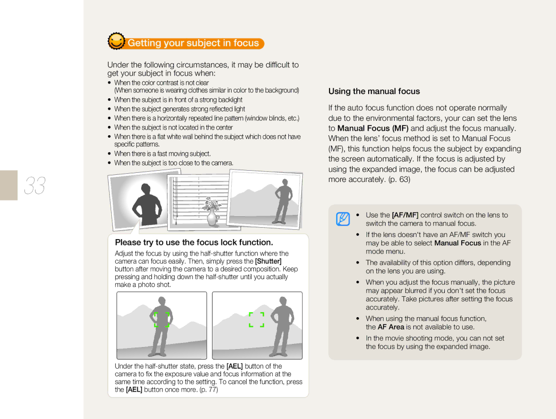 Samsung NX 10, NX-series user manual Please try to use the focus lock function, Using the manual focus 