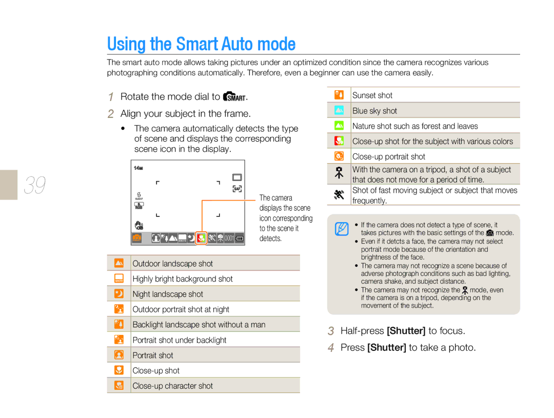 Samsung NX 10, NX-series user manual Using the Smart Auto mode, Rotate the mode dial to Align your subject in the frame 