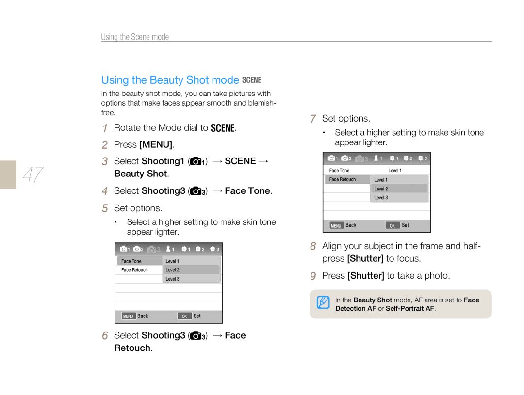 Samsung NX 10 Using the Beauty Shot mode, Using the Scene mode, Rotate the Mode dial to Press Menu Select Shooting1 