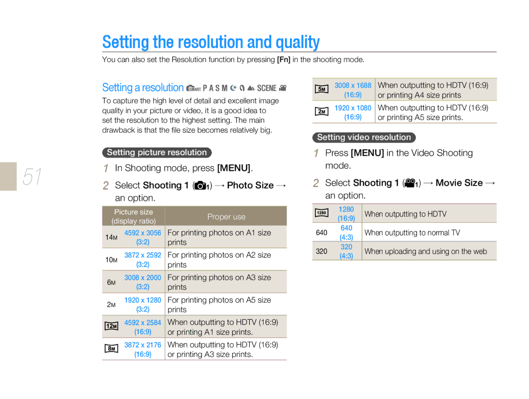 Samsung NX 10, NX-series user manual Setting the resolution and quality, Setting a resolution, Shooting mode, press Menu 