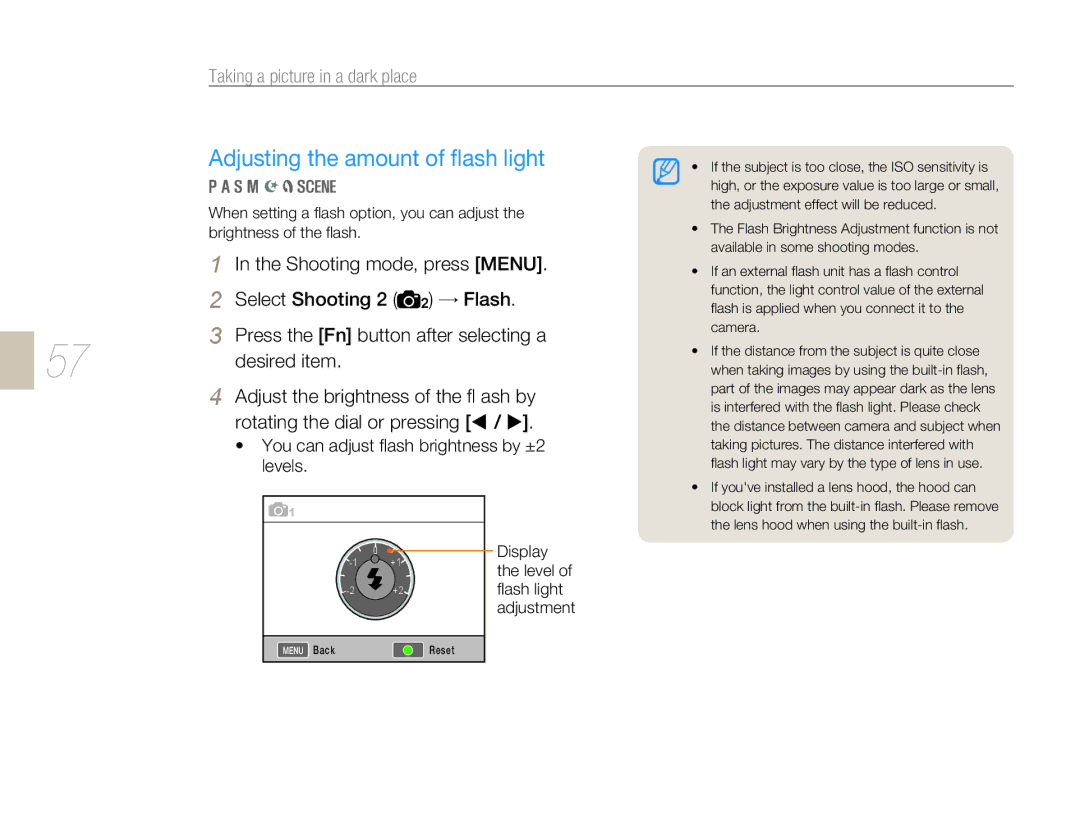 Samsung NX 10, NX-series user manual Adjusting the amount of ﬂash light, Select Shooting 2 2 → Flash, Desired item, Display 