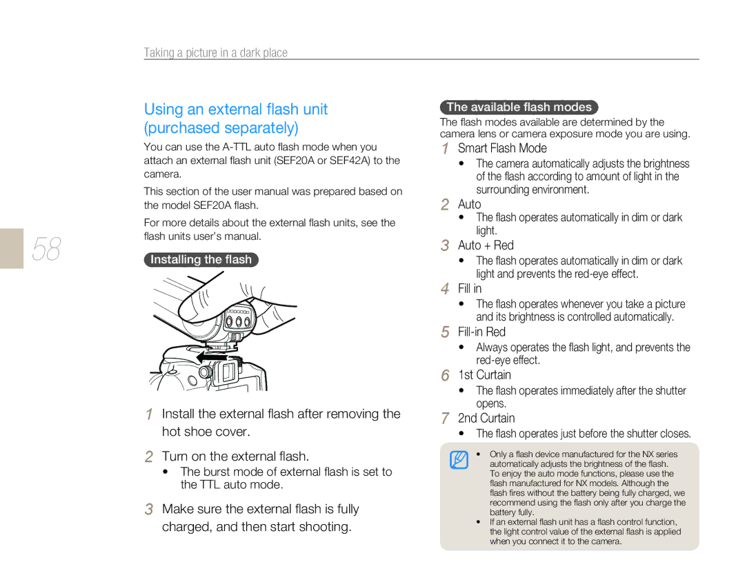 Samsung NX-series, NX 10 user manual Using an external ﬂash unit, Purchased separately 