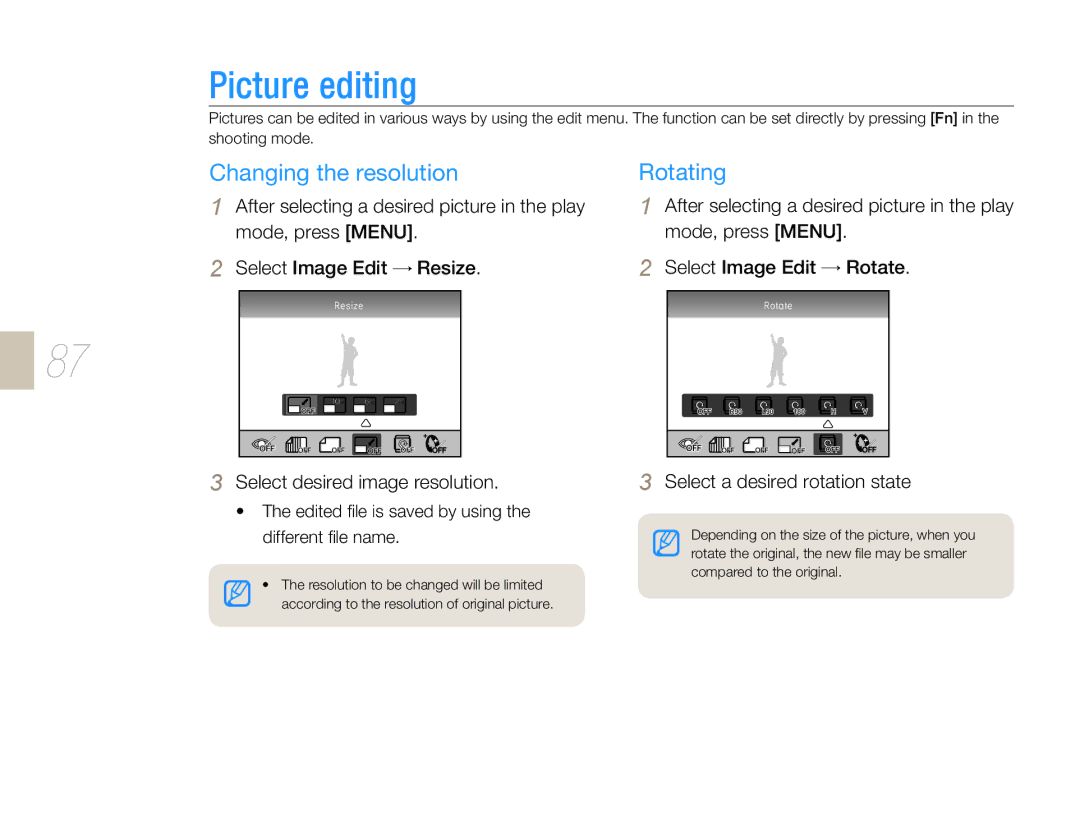 Samsung NX 10, NX-series Picture editing, Changing the resolution Rotating, After selecting a desired picture in the play 