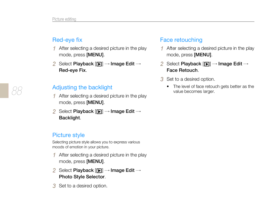 Samsung NX-series, NX 10 user manual Red-eye ﬁx, Adjusting the backlight, Picture style, Face retouching, Picture editing 