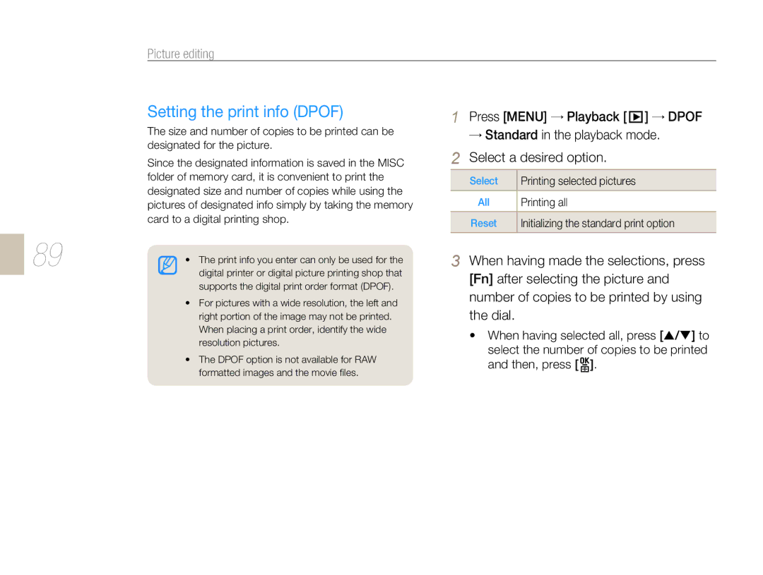 Samsung NX 10, NX-series user manual Setting the print info Dpof, Select, Printing selected pictures, Printing all 